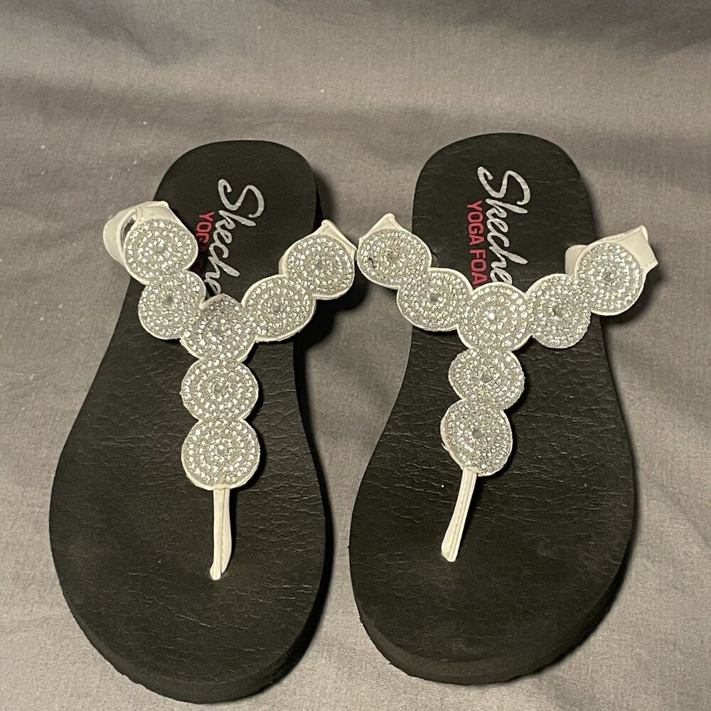 Skechers Cali Meditation Stars & Sparkle Sandals Size 9 White Slingback Thong